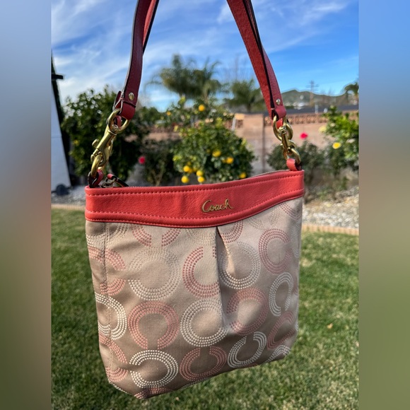 Coach Ashley Dotted Op Art Hippie Beige And Coral Shoulder Crossbody Bag #F20088 - Picture 6 of 16